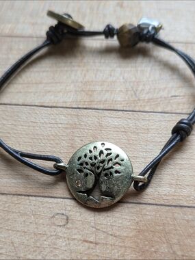 Fossil Brand Antique Gold Tone Tree of Life Leather Bracelet